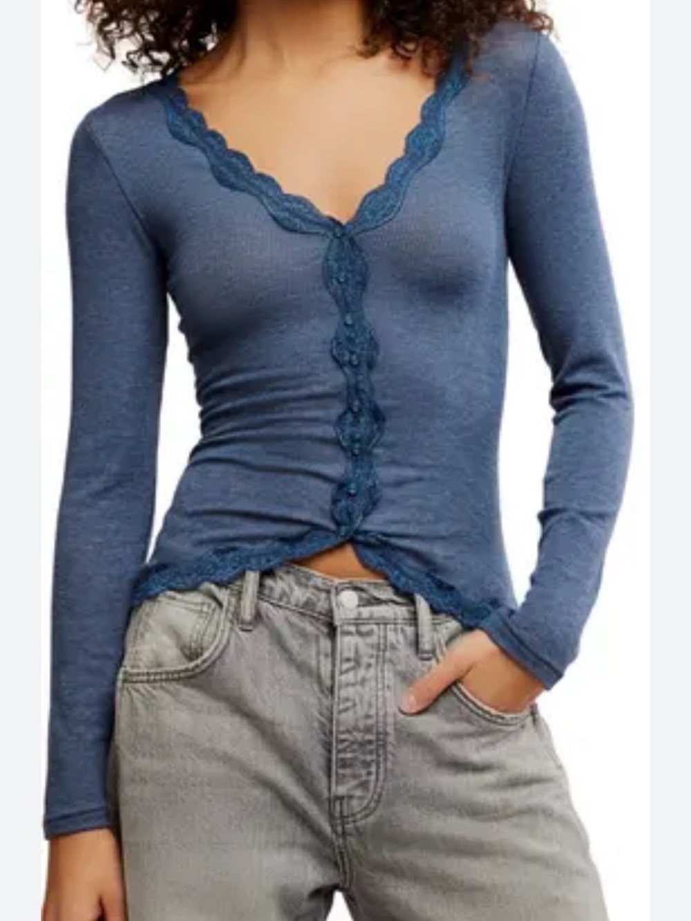 Free people Big Love Lace Trim Knit Button-Up Top large blue nwt